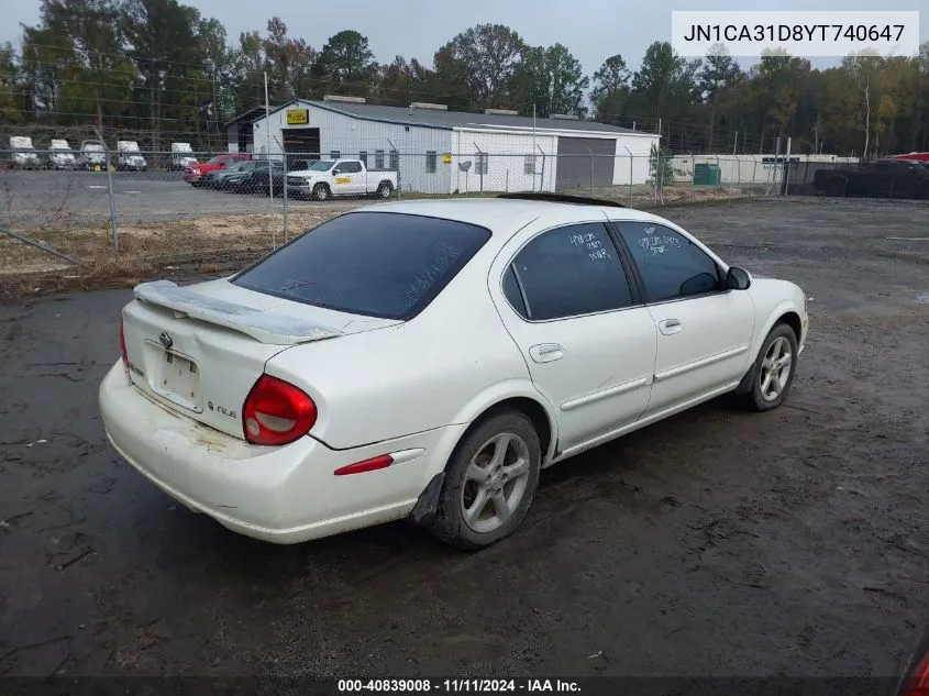 2000 Nissan Maxima Gle/Gxe/Se VIN: JN1CA31D8YT740647 Lot: 40839008