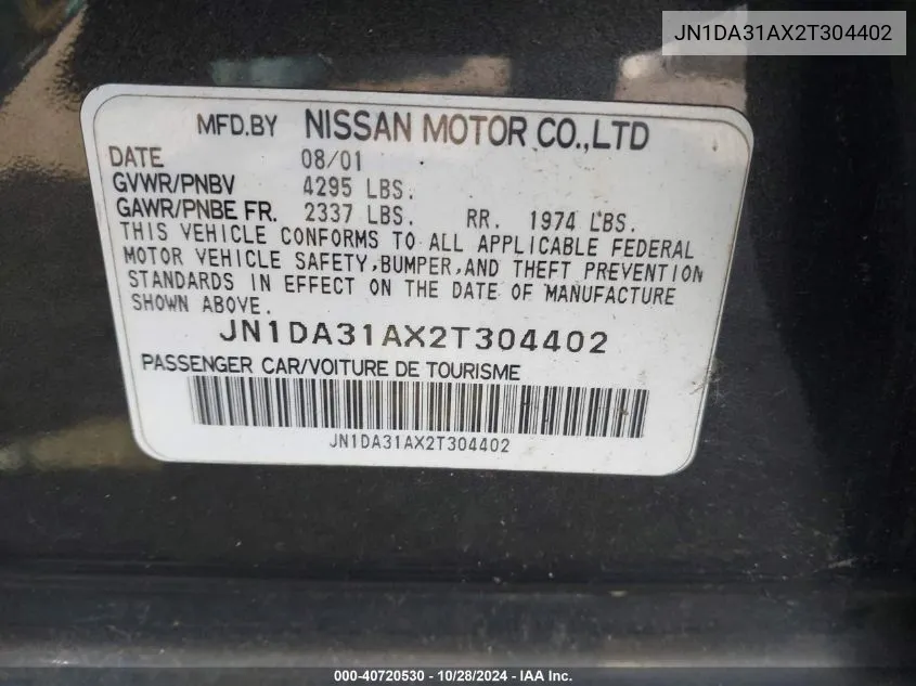 2002 Nissan Maxima Gle/Se VIN: JN1DA31AX2T304402 Lot: 40720530