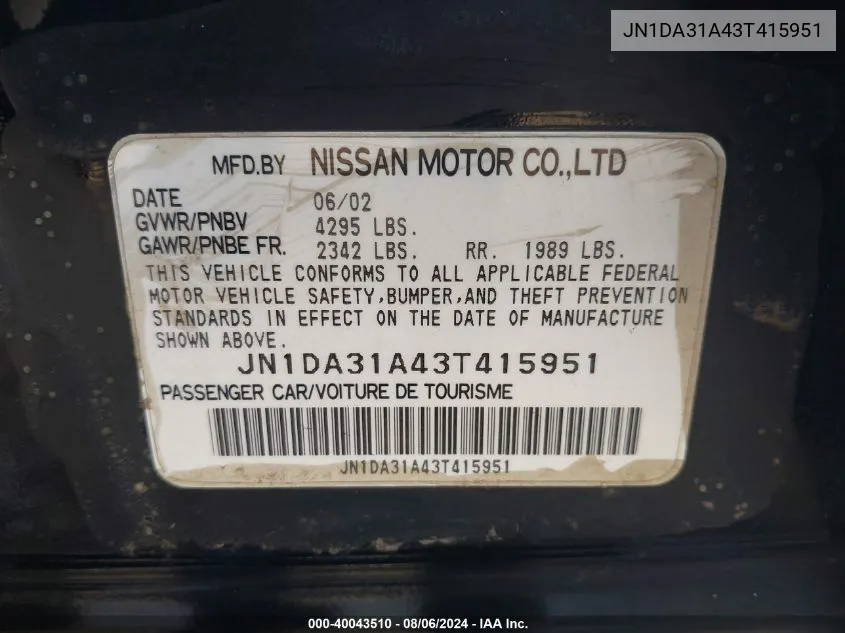 2003 Nissan Maxima Se VIN: JN1DA31A43T415951 Lot: 40043510