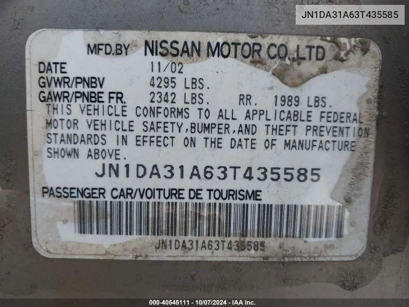 JN1DA31A63T435585 2003 Nissan Maxima Gle