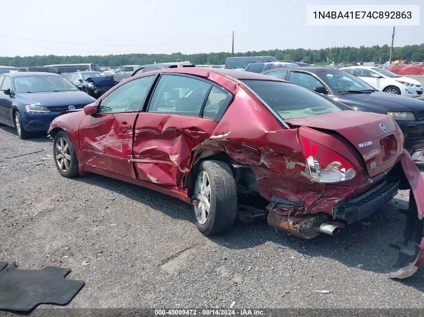 2004 Nissan Maxima 3.5 Sl VIN: 1N4BA41E74C892863 Lot: 40089472