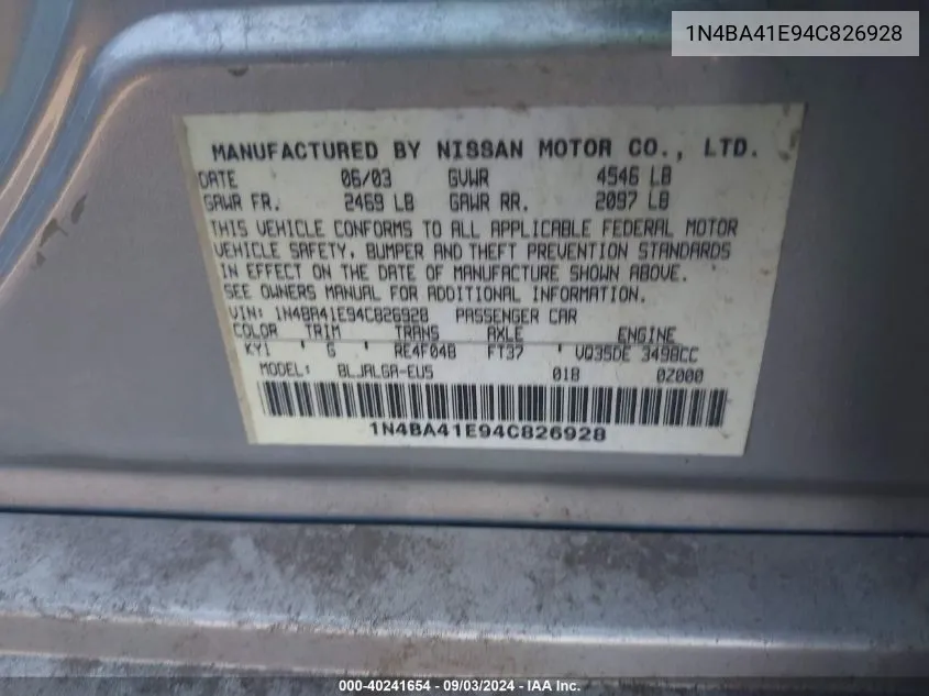 1N4BA41E94C826928 2004 Nissan Maxima 3.5 Sl