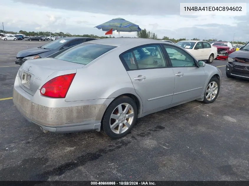 2004 Nissan Maxima 3.5 Sl VIN: 1N4BA41E04C894602 Lot: 40666065