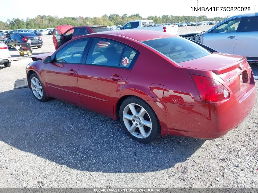 2005 Nissan Maxima Se/Sl VIN: 1N4BA41E75C820028 Lot: 40746521