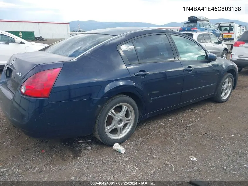 2006 Nissan Maxima 3.5 Se VIN: 1N4BA41E46C803138 Lot: 40424381