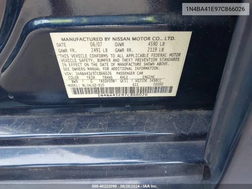 1N4BA41E97C866026 2007 Nissan Maxima 3.5 Sl