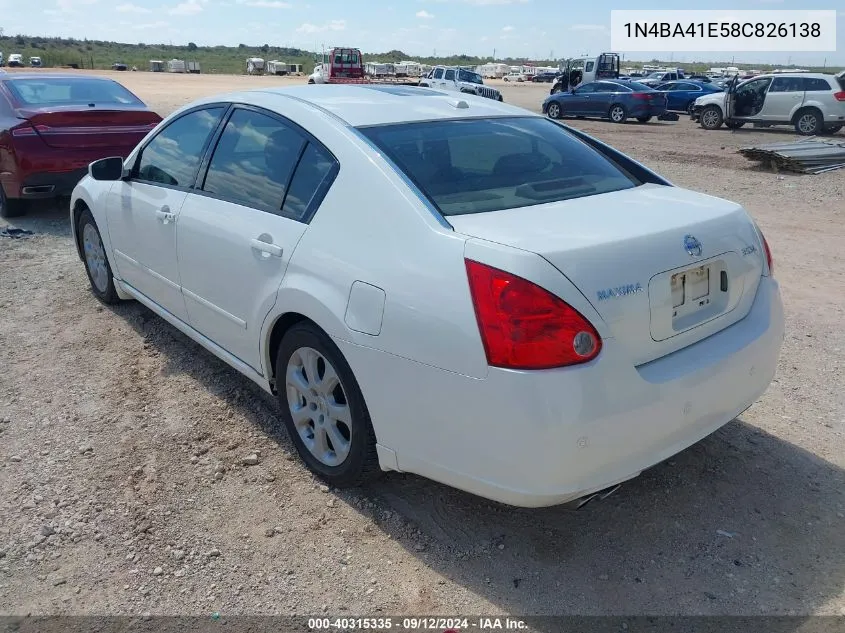 2008 Nissan Maxima Se/Sl VIN: 1N4BA41E58C826138 Lot: 40315335