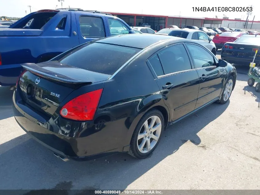 2008 Nissan Maxima 3.5 Se VIN: 1N4BA41E08C802653 Lot: 40599049