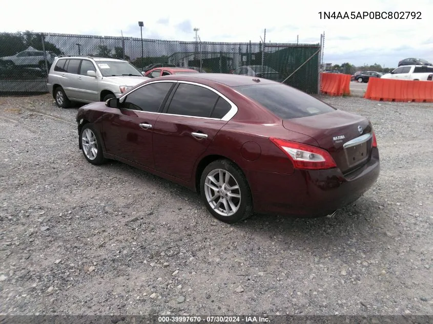 2011 Nissan Maxima 3.5 Sv VIN: 1N4AA5AP0BC802792 Lot: 39997670