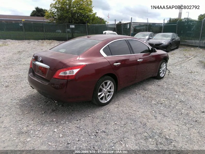 2011 Nissan Maxima 3.5 Sv VIN: 1N4AA5AP0BC802792 Lot: 39997670