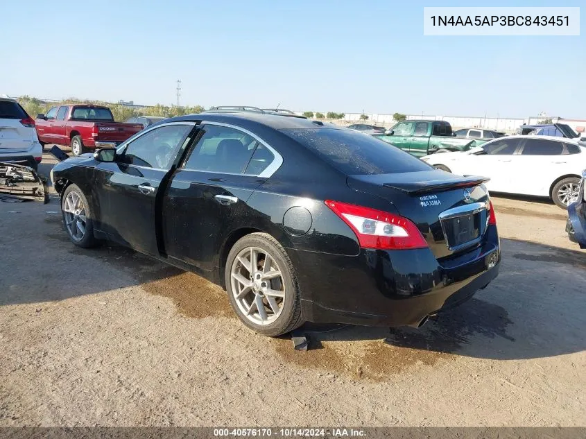 2011 Nissan Maxima S/Sv VIN: 1N4AA5AP3BC843451 Lot: 40576170