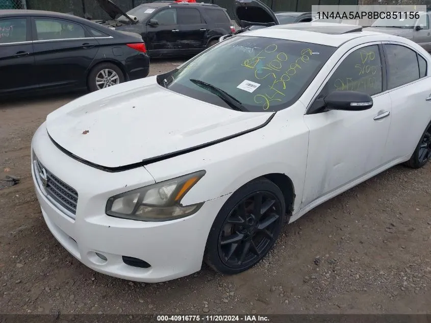 2011 Nissan Maxima 3.5 Sv VIN: 1N4AA5AP8BC851156 Lot: 40916775