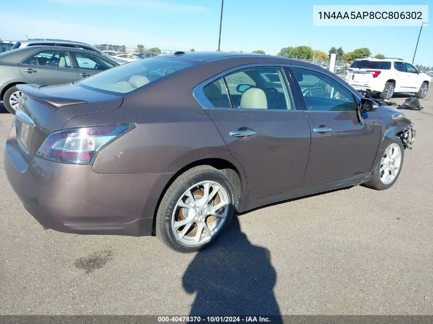 2012 Nissan Maxima S/Sv VIN: 1N4AA5AP8CC806302 Lot: 40478370