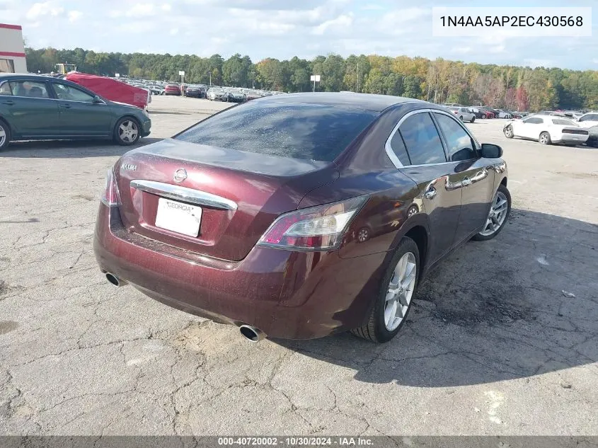 2014 Nissan Maxima 3.5 S VIN: 1N4AA5AP2EC430568 Lot: 40720002