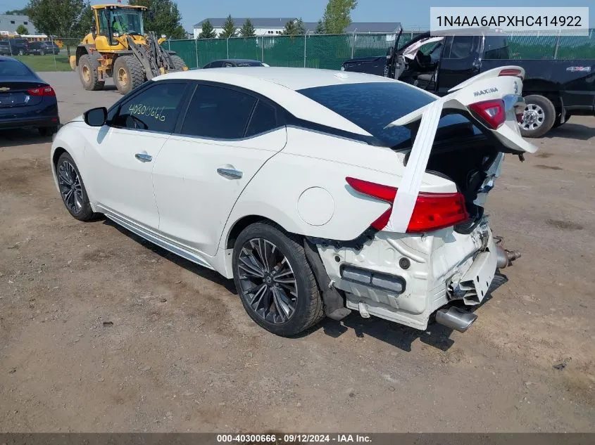 2017 Nissan Maxima 3.5S/Sv/Sl/Sr/Plat VIN: 1N4AA6APXHC414922 Lot: 40300666