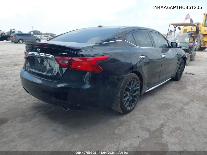 2017 Nissan Maxima 3.5 Platinum/3.5 S/3.5 Sl/3.5 Sr/3.5 Sv VIN: 1N4AA6AP1HC361205 Lot: 40759308