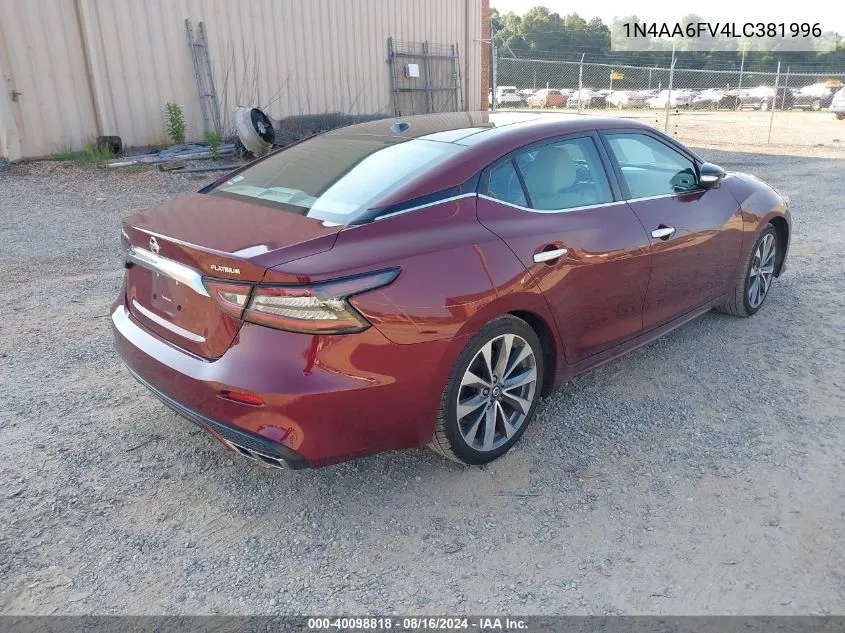 2020 Nissan Maxima Platinum VIN: 1N4AA6FV4LC381996 Lot: 40098818