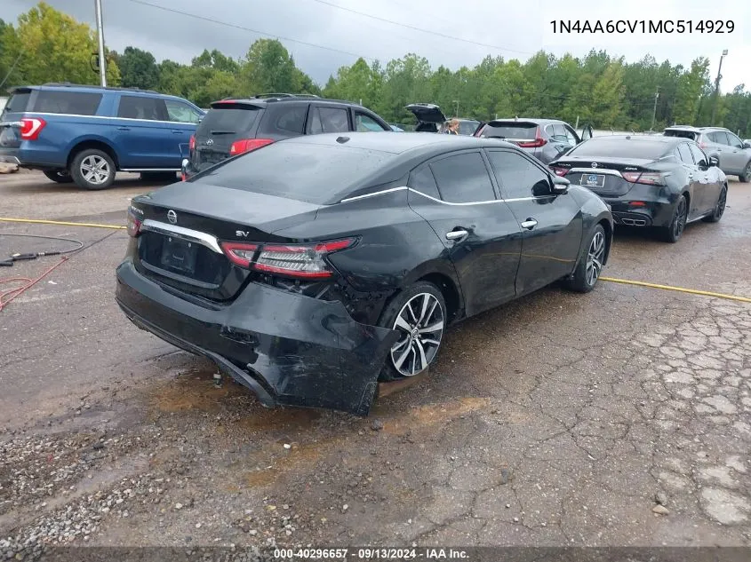 2021 Nissan Maxima Sv VIN: 1N4AA6CV1MC514929 Lot: 40296657