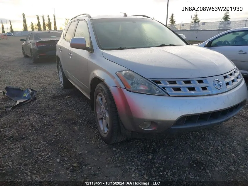 2003 Nissan Murano Sl/Se VIN: JN8AZ08W63W201930 Lot: 12119451