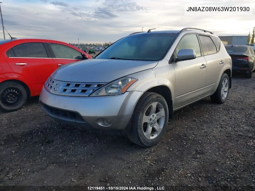 2003 Nissan Murano Sl/Se VIN: JN8AZ08W63W201930 Lot: 12119451