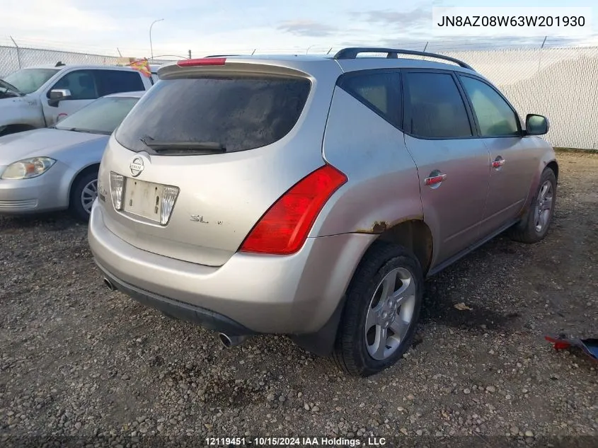 2003 Nissan Murano Sl/Se VIN: JN8AZ08W63W201930 Lot: 12119451