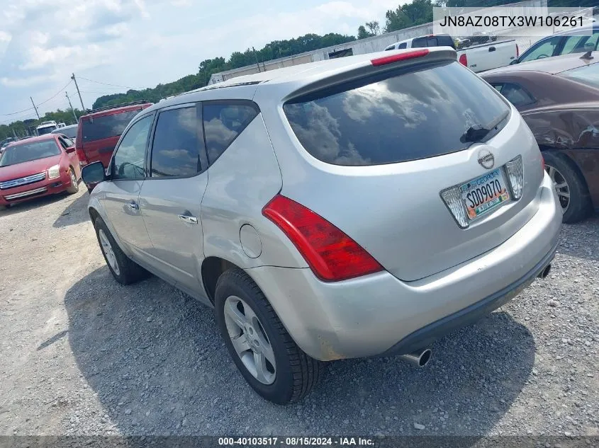 2003 Nissan Murano Sl VIN: JN8AZ08TX3W106261 Lot: 40103517