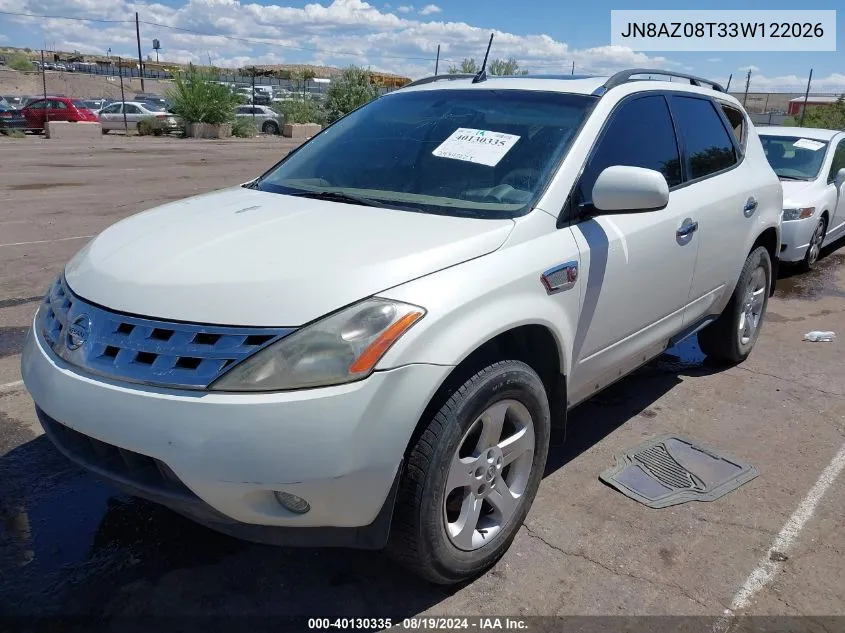 2003 Nissan Murano Sl VIN: JN8AZ08T33W122026 Lot: 40130335