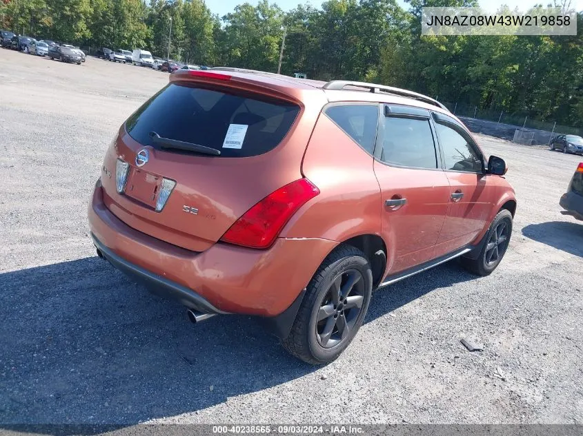 2003 Nissan Murano Se VIN: JN8AZ08W43W219858 Lot: 40238565