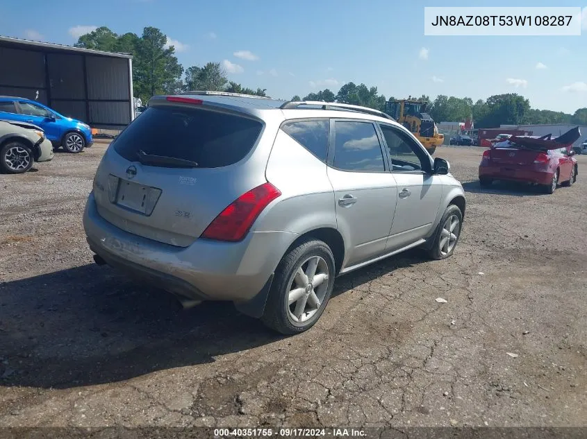 2003 Nissan Murano Se VIN: JN8AZ08T53W108287 Lot: 40351755