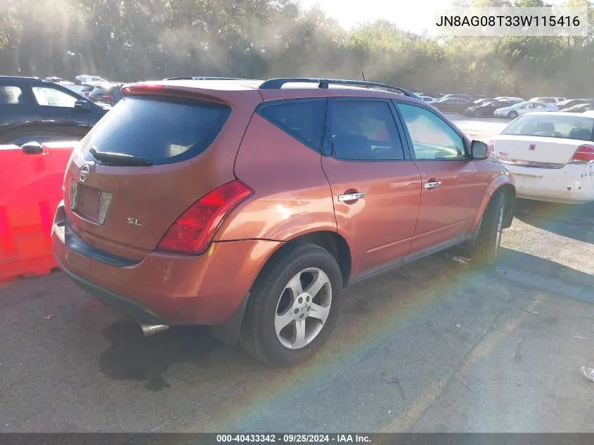 2003 Nissan Murano Sl VIN: JN8AG08T33W115416 Lot: 40433342