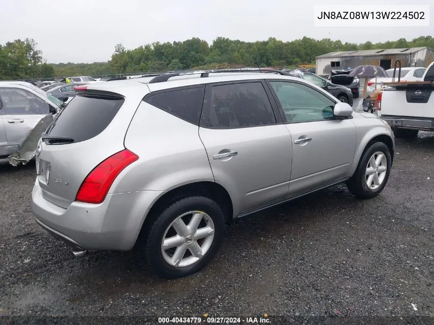 2003 Nissan Murano Se VIN: JN8AZ08W13W224502 Lot: 40434779