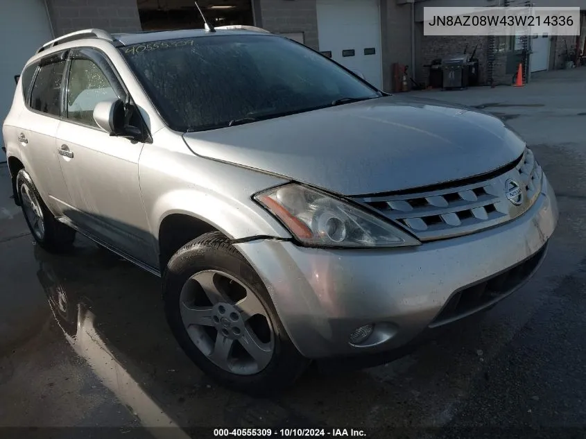 2003 Nissan Murano Sl VIN: JN8AZ08W43W214336 Lot: 40555309