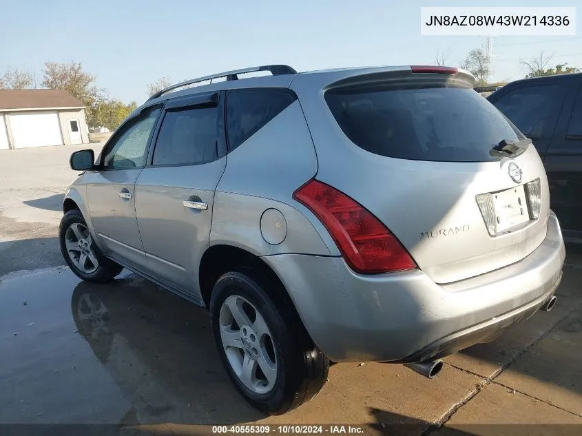 2003 Nissan Murano Sl VIN: JN8AZ08W43W214336 Lot: 40555309