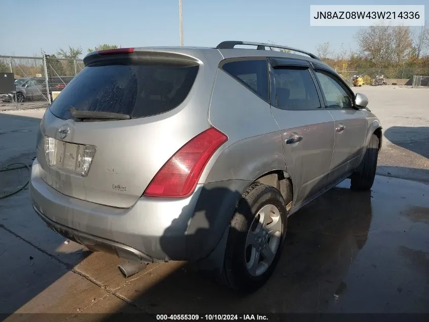 2003 Nissan Murano Sl VIN: JN8AZ08W43W214336 Lot: 40555309