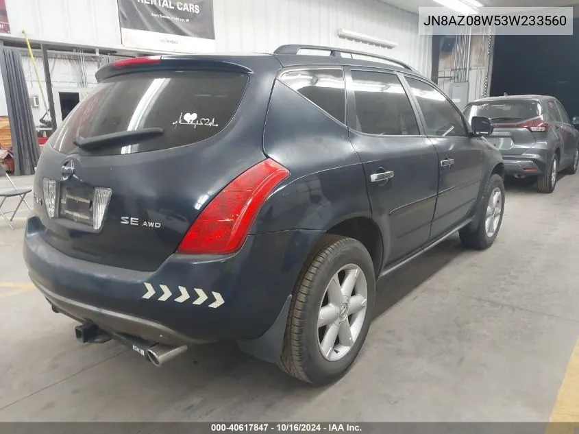 2003 Nissan Murano Se VIN: JN8AZ08W53W233560 Lot: 40617847