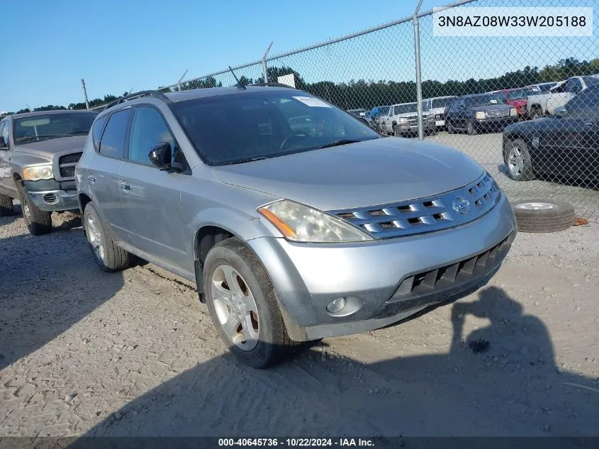 2003 Nissan Murano Sl VIN: 3N8AZ08W33W205188 Lot: 40645736