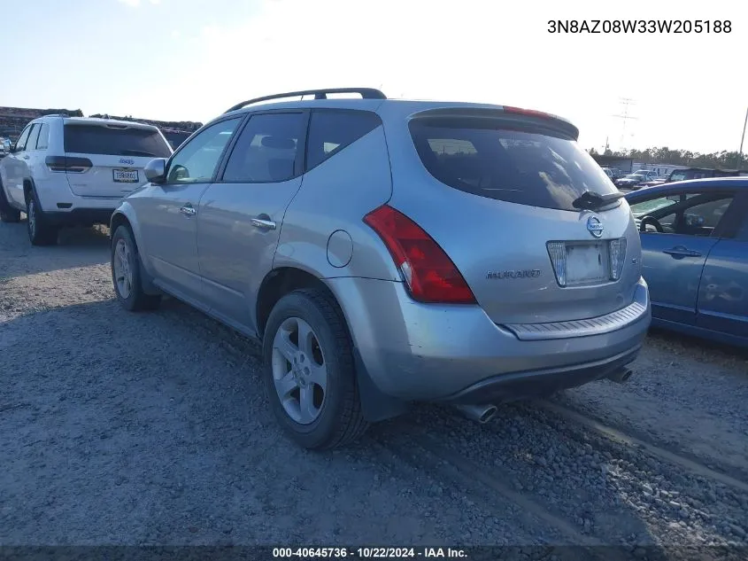 2003 Nissan Murano Sl VIN: 3N8AZ08W33W205188 Lot: 40645736