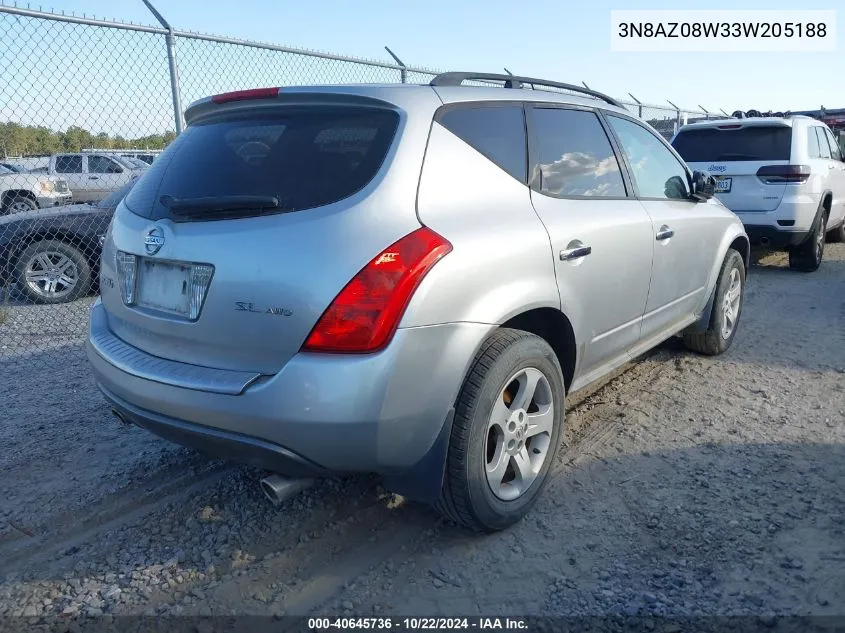 2003 Nissan Murano Sl VIN: 3N8AZ08W33W205188 Lot: 40645736