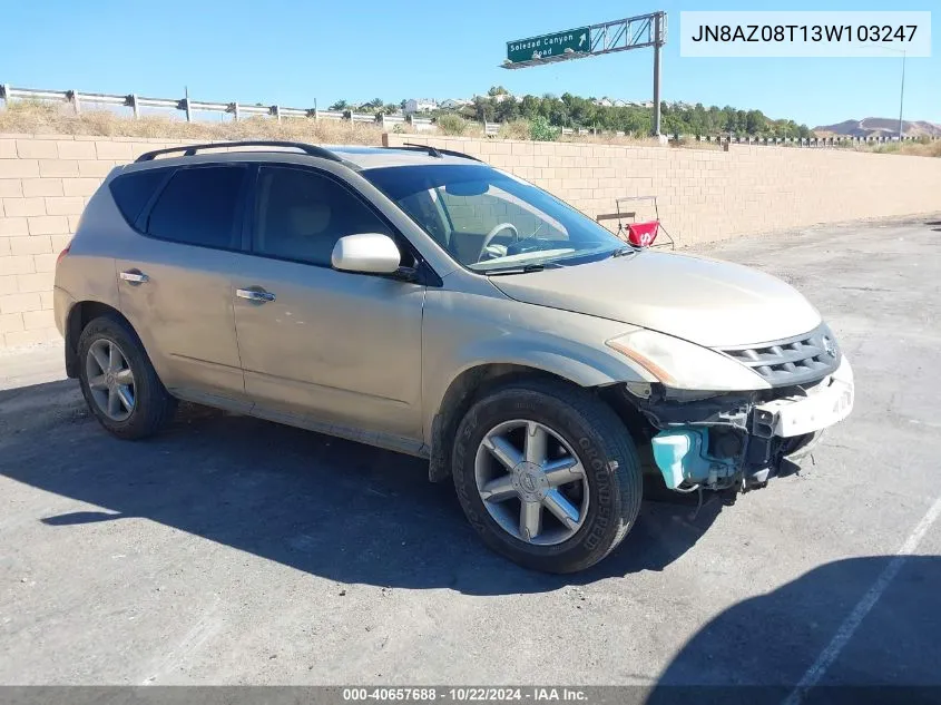 2003 Nissan Murano Se VIN: JN8AZ08T13W103247 Lot: 40657688