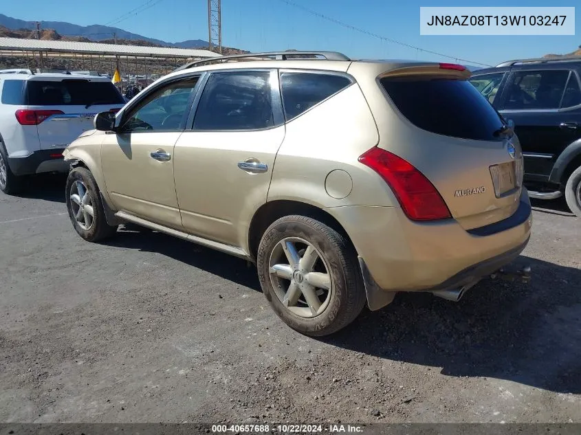 2003 Nissan Murano Se VIN: JN8AZ08T13W103247 Lot: 40657688