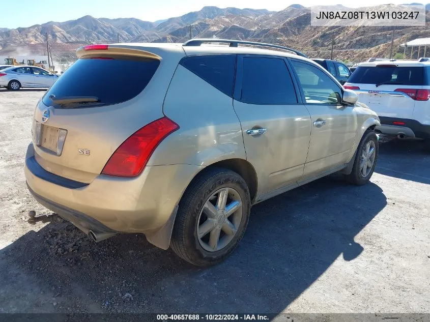 2003 Nissan Murano Se VIN: JN8AZ08T13W103247 Lot: 40657688