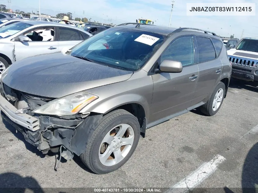 2003 Nissan Murano Sl VIN: JN8AZ08T83W112415 Lot: 40743781