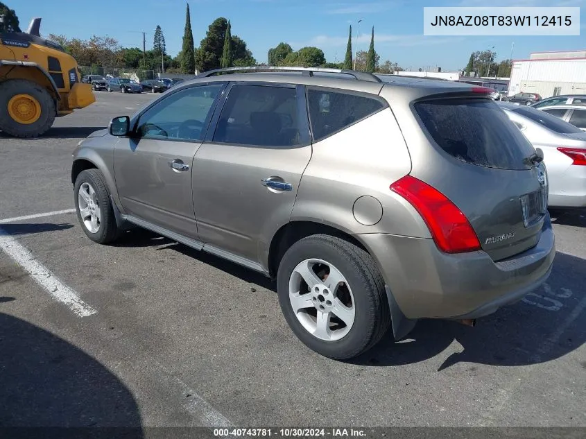 2003 Nissan Murano Sl VIN: JN8AZ08T83W112415 Lot: 40743781