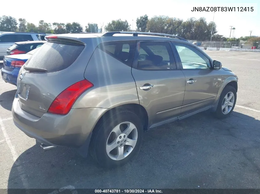 2003 Nissan Murano Sl VIN: JN8AZ08T83W112415 Lot: 40743781