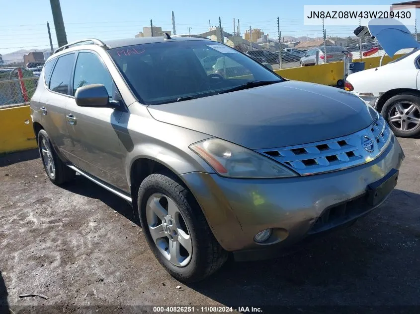 2003 Nissan Murano Sl VIN: JN8AZ08W43W209430 Lot: 40826251