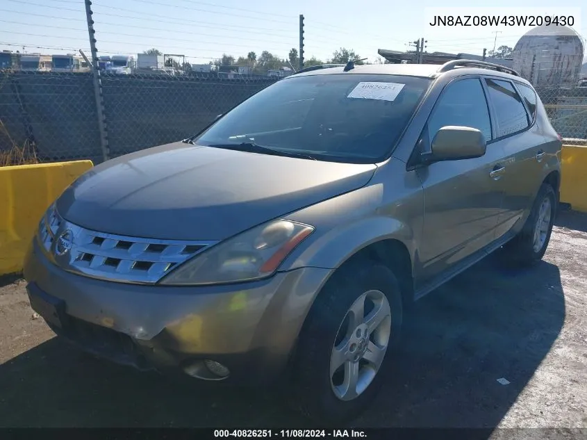 2003 Nissan Murano Sl VIN: JN8AZ08W43W209430 Lot: 40826251