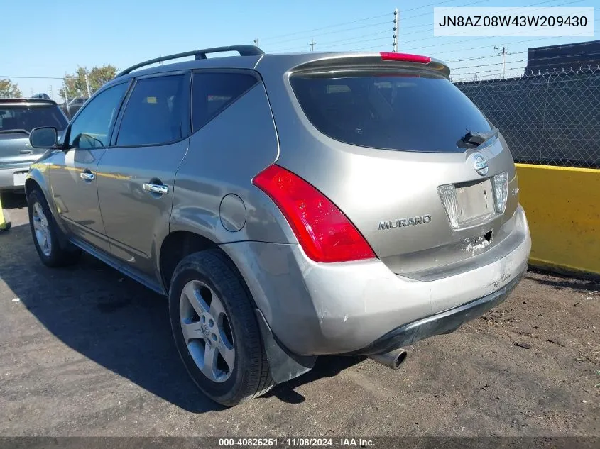 2003 Nissan Murano Sl VIN: JN8AZ08W43W209430 Lot: 40826251