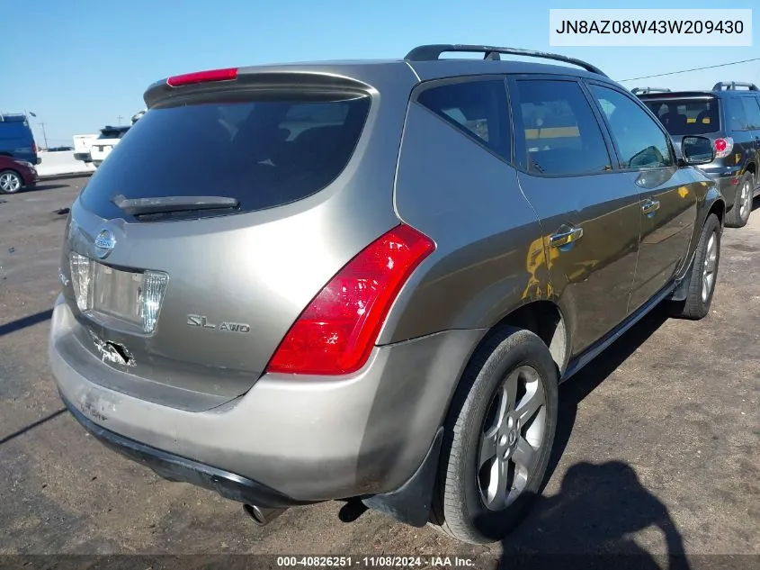 2003 Nissan Murano Sl VIN: JN8AZ08W43W209430 Lot: 40826251