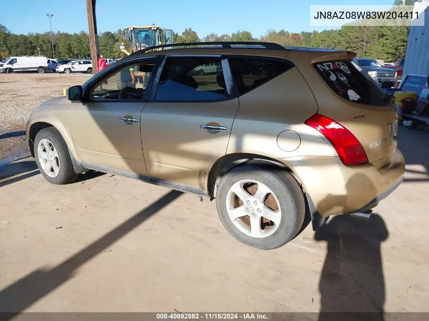 2003 Nissan Murano Sl VIN: JN8AZ08W83W204411 Lot: 40892882