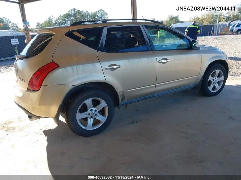 2003 Nissan Murano Sl VIN: JN8AZ08W83W204411 Lot: 40892882